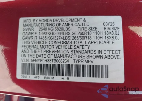 2026 Honda Passport Awd Rtl/Awd Rtl Blackout/Awd Rtl Towing z USA, uszkodzony, nr VIN 5FNYF9H33TB008264